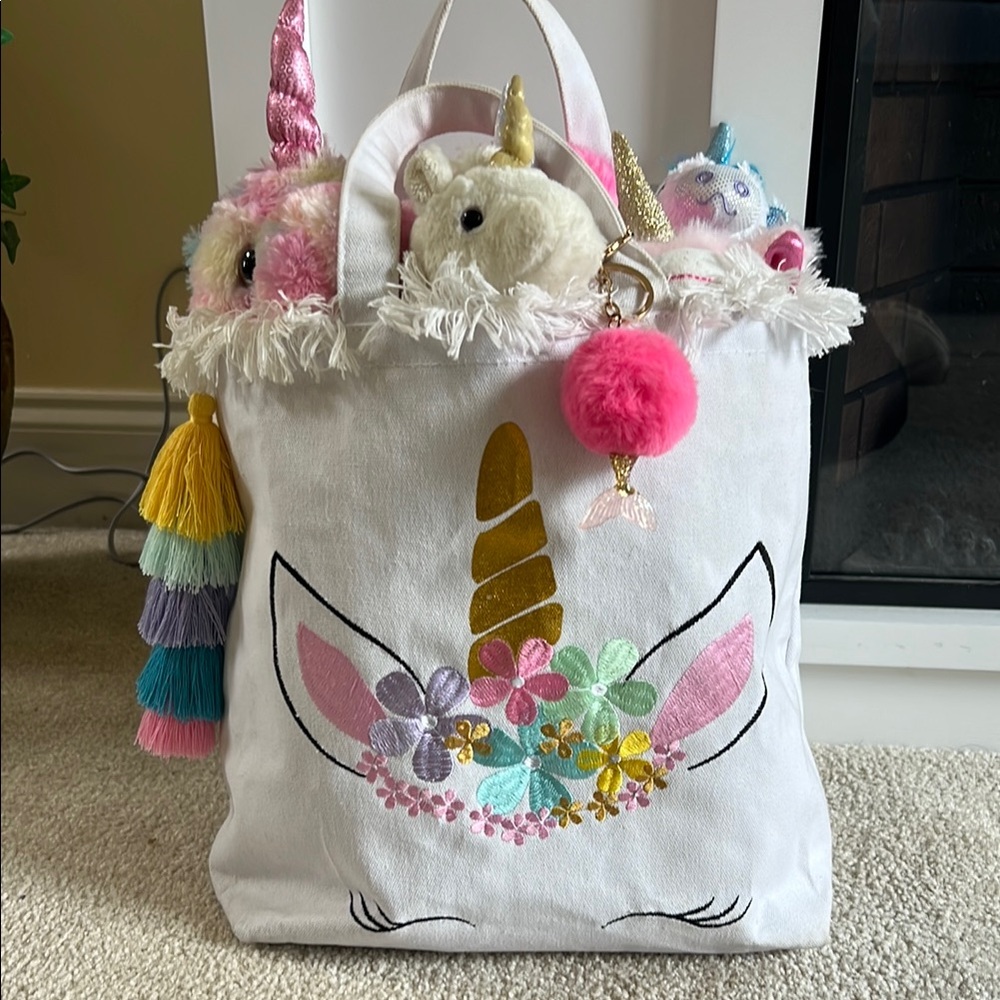 Unicorn Themed Kids Tote Bag with Gold and Pink Accents with 5 stuffed animals